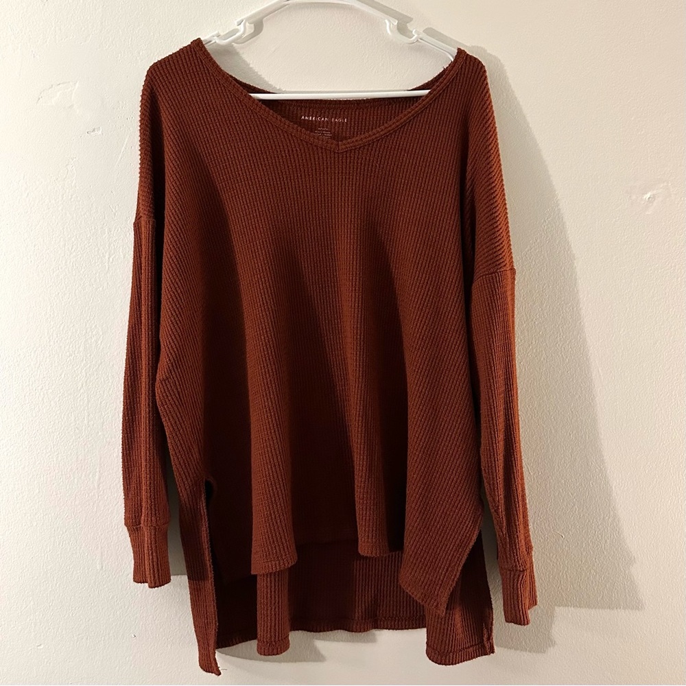 American Eagle Outfitters Rust Long Sleeve Waffle Knit Top - Medium